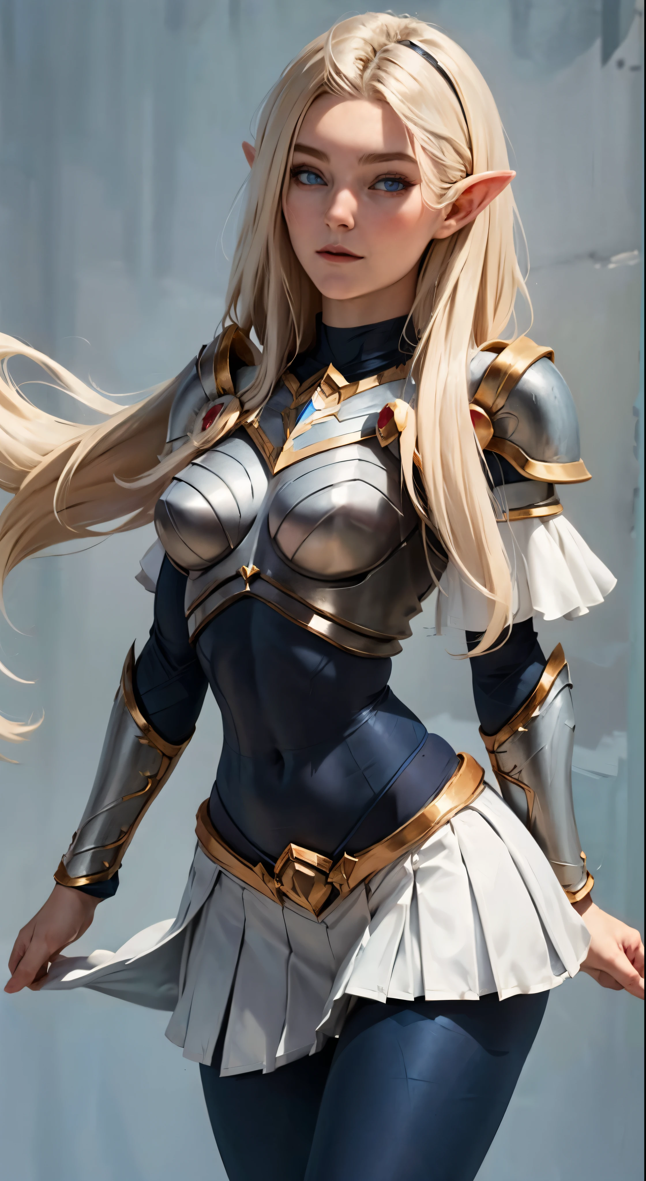 lux, league of legends, long blonde hair, blue eyes, blue tights, full chest armor, shoulder armor, skirt with frills, medium breasts, half body portrait, beautiful, fit body, looking at viewer, very detailed face, Eva Elfie