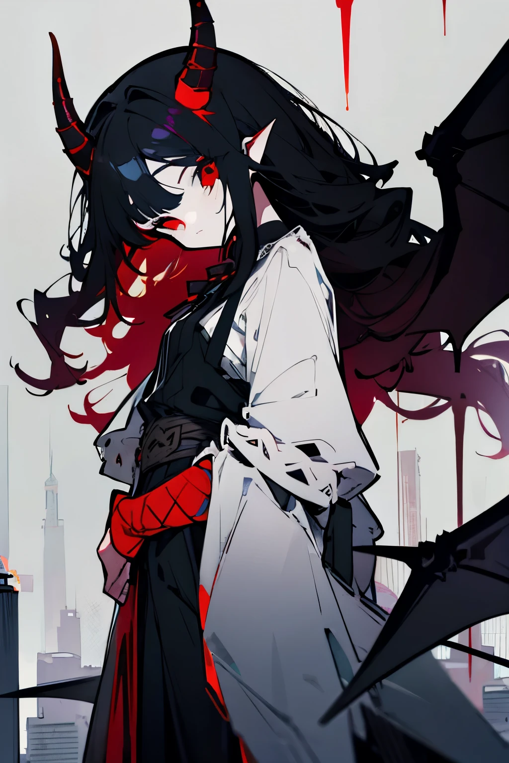 Girl, long curly black hair, red eyes, horns growing from the side of her head, slightly small in stature, bat-like wings growing from her waist, carrying a sword, city, raining