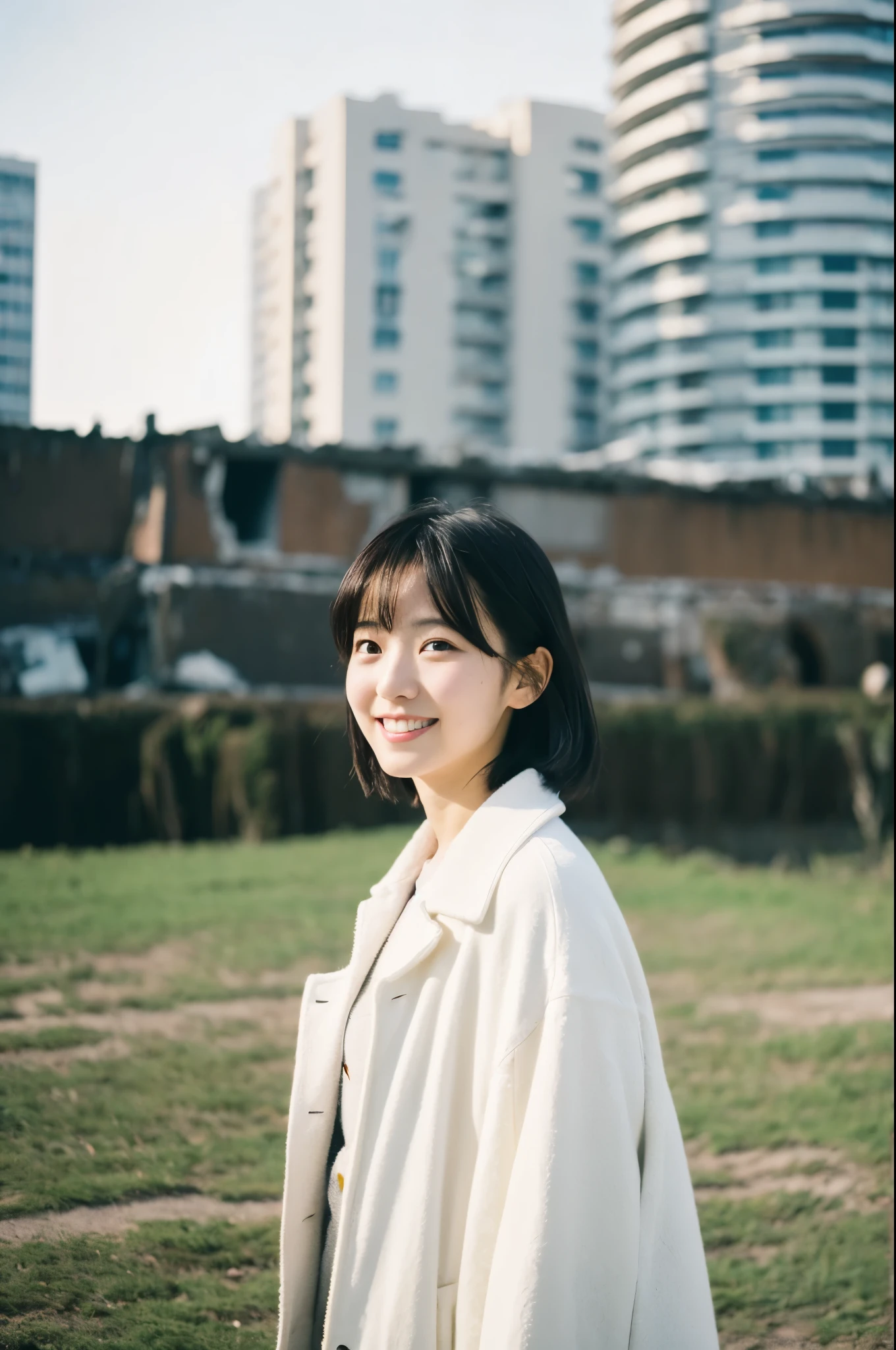Photorealistic, high-quality 32k photo,16mm lens, f/1,whole body,A ruined city of the future.A simple and beautiful Japanese woman in a white coat,Black medium hair,A soft smile,The faint sunlight shines in,Backlight