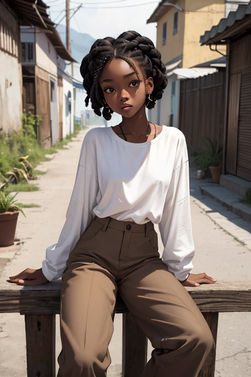 (masterpiece, best quality), deep ebony 1girl, beautiful face, short Afro braids , cute, street clothing, beautify, Lofi vibe,, cute night vibe, concentrated, sitting, hands outside of the picture, exploring a mountain, , white shirt, brown trousers, looking confident not sexy, cute look, clothing is dry and baggy, small breasts, princess vibe