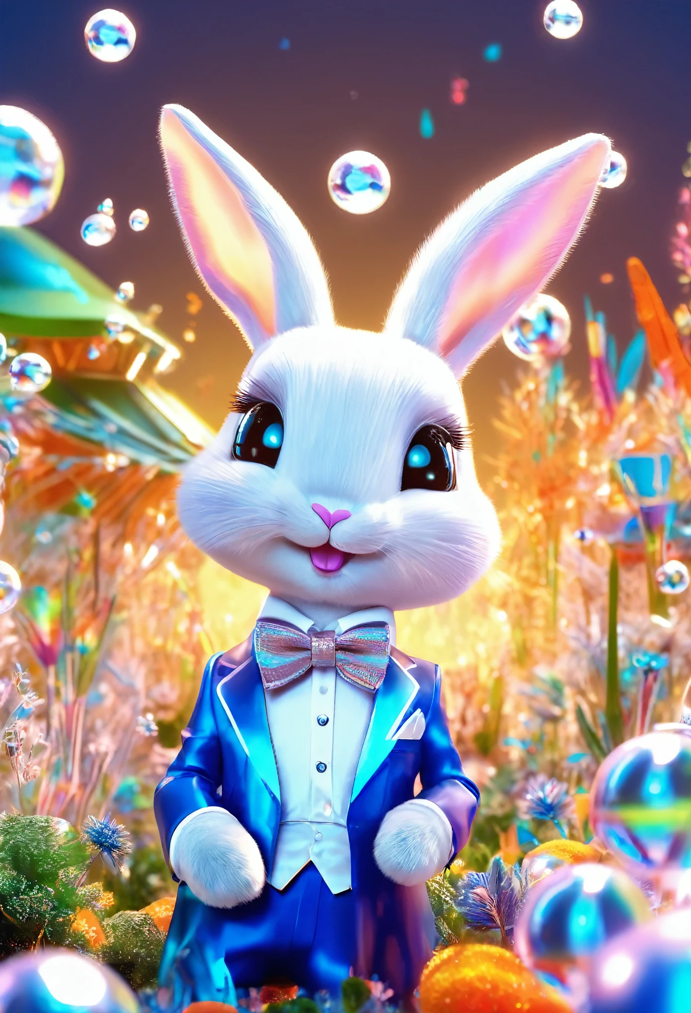 A stunning (((wide angle shot))), capturing a joyful, (((white bunny))) dressed in a sleek (((blue tuxedo))) and bow tie, hopping playfully towards a twinkling night sky filled with (((floating, glittering bubbles))), all set against a backdrop of a whimsically futuristic (((sci fi garden))) adorned with colorful, glowing carrots and hovering, gleaming vehicles that silently glide through the starry sky, shining with iridescent light.