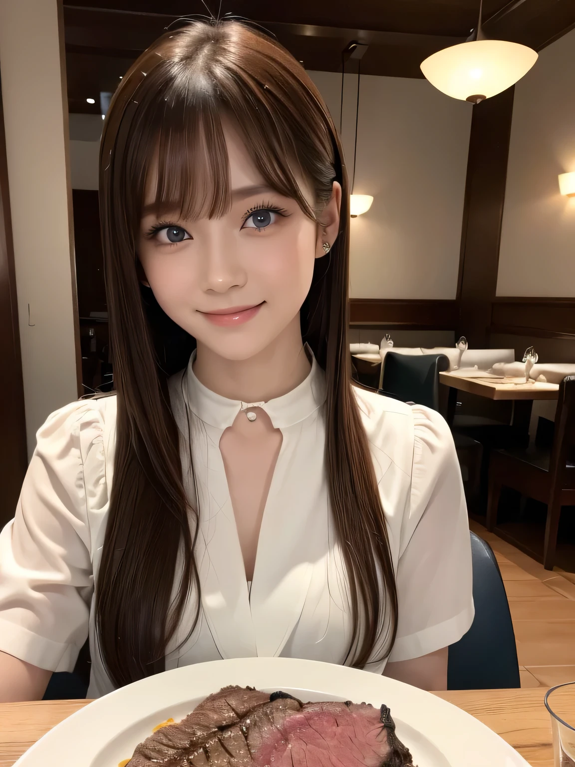 (highest quality, masterpiece:1.3, 超A high resolution), (Super detailed, Caustics), (Realistic:1.4, RAW shooting), Ultra-Realistic Capture,Very detailed,High resolution, 16k, Human skin close-up, The skin texture is natural, It must be detailed enough to be easily identifiable.。 Skin should look healthy and have an even tone。 Use natural light and color, Three-star restaurant, uniform, 1 girl, Japanese, 18-year-old, cute, Straight Long Hair, Big Breasts, ((smile)), Turn your body forward, (View from the front:1.1), Looking into the camera, focused on the chest, Brown Hair, Black choker, Lots of long eyelashes, blue eyes, bangs、((Beef steak on the table)), Private room、Eating steak