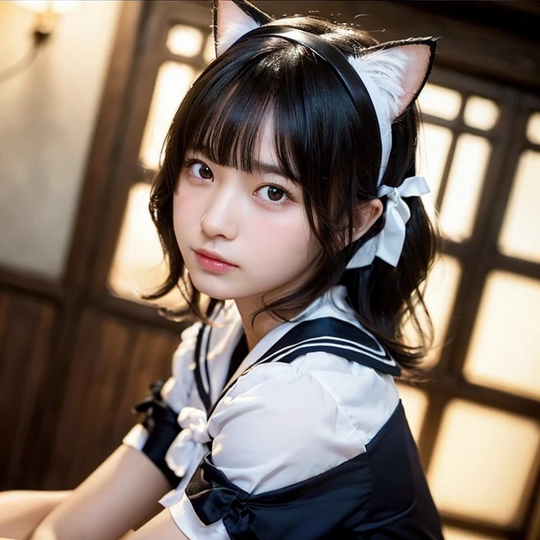 (highest quality,masterpiece:1.3,Ultra-high resolution),(Very detailed,Caustics,8k),(Realistic:1.4,RAW shooting),18-year-old,Japanese,A little sad look,Looking at the camera,Shiny skin, Slender body, Good figure,Rembrandt Lighting, (Photorealistic:1.2), (highest quality), (Detailed skin:1.3), (Intricate details), Ray Tracing,One girl, In detail,real,Detailed skin texture, Black Hair, Long Hair,Cat ears headband, (Wavy Hair:1.2), (Blunt bangs:1.2), cute, Sailor suit,(Face Focus:1.1),(Face close-up:1.1),(Low position::1.3),(Low Angle::1.3),Retro Cafe,