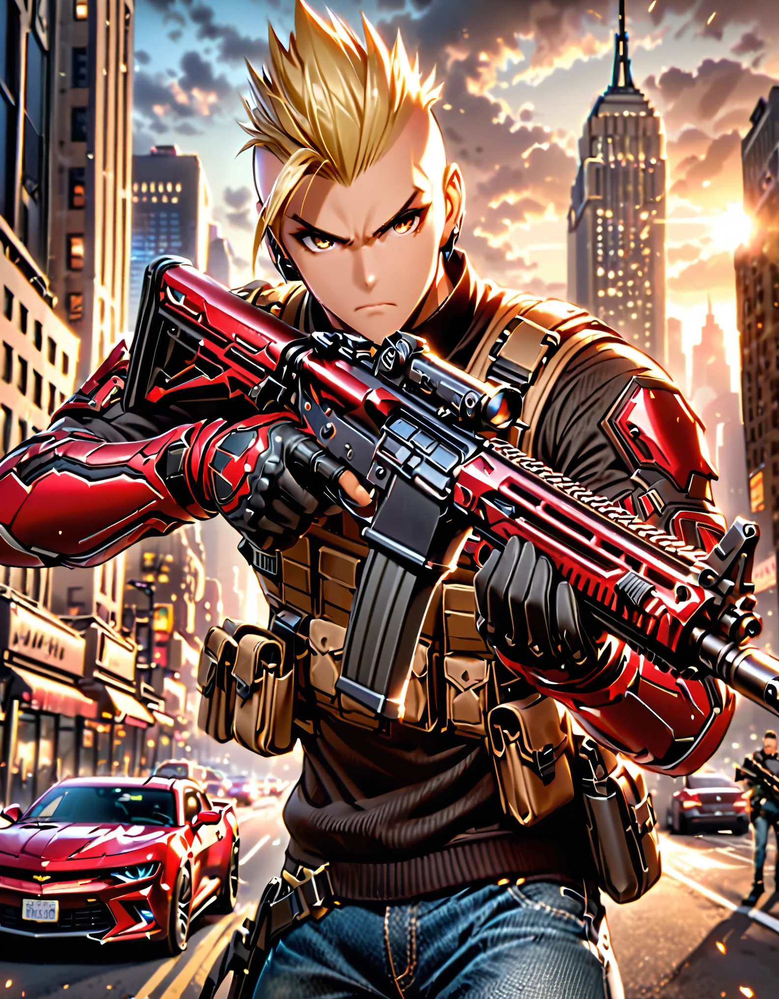 masterpiece, best quality, high res, 1boy, blonde hair, short hair, mohawk, perfect hands, finger on trigger, gloves, gun, holding gun, holding weapon, assault rifle, holster, male focus, rifle, new york city backdrop, solo, solo focus, trigger discipline, weapon, brown eyes, assault vest, black sweater, jeans, sneakers. 1car, motor vehicle, automobile, red chevorlet camaro. action: standing straight. facial expression: determined