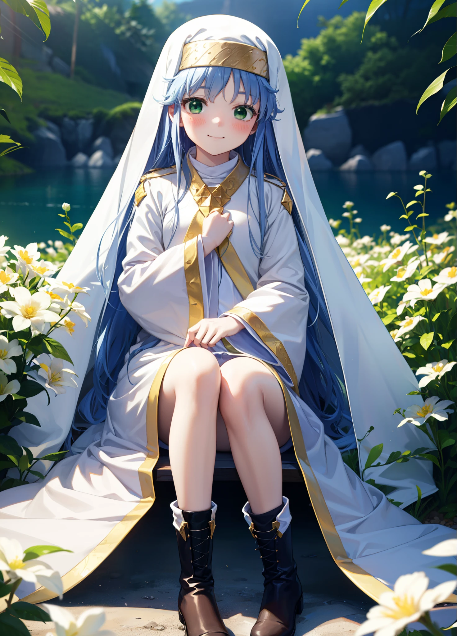 index, index, (Green Eyes:1.5), Blue Hair, Long Hair, (Flat Chest:1.2),
break habit, Long sleeve, Robe,白色Robe,Nuns,Wide sleeves,short boots,blush,happy smile, smile,corolla,whole bodyがイラストに入るように,Sitting,Looking up from below,
break looking at viewer, whole body,
break outdoors, nature,Flower Field,Large Lake,
break (masterpiece:1.2), highest quality, High resolution, unity 8k wallpaper, (shape:0.8), (Beautiful details:1.6), Highly detailed face, Perfect lighting, Highly detailed CG, (Perfect hands, Perfect Anatomy),