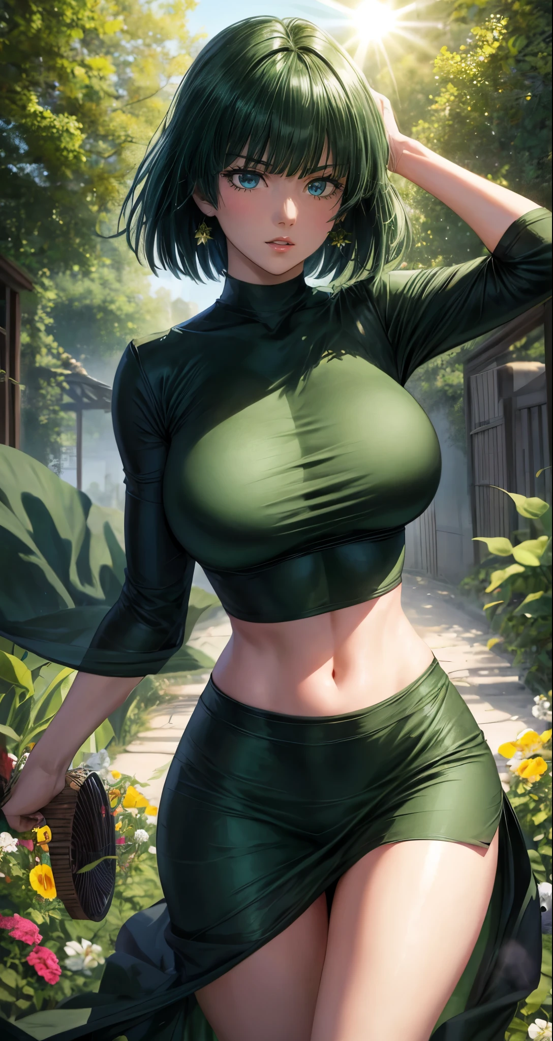 realistic, 1girl, Fubuki, green hair, green eyes, big round breasts, pure white skin, shining eyes, dark green crop top, dark green skirt, parted lips, rouge, night, flowers, sun , sunlight