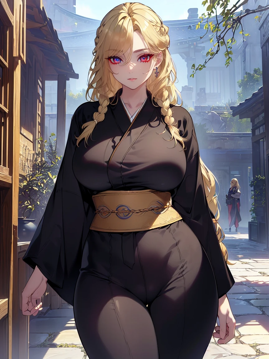 (Uhd, Masterpiece, Textured Skin, Super Detail, High Details, High Quality, Best Quality), Detailed Face, 1woman, mature pretty woman, ((wide hips, thick thighs, huge breasts)), ((Long blonde hair tied:1.5, Hair over the eye:1.5)), ((Black kimono), (Pants), (Huge body), (Cultivator), Courtyard with a stone floor