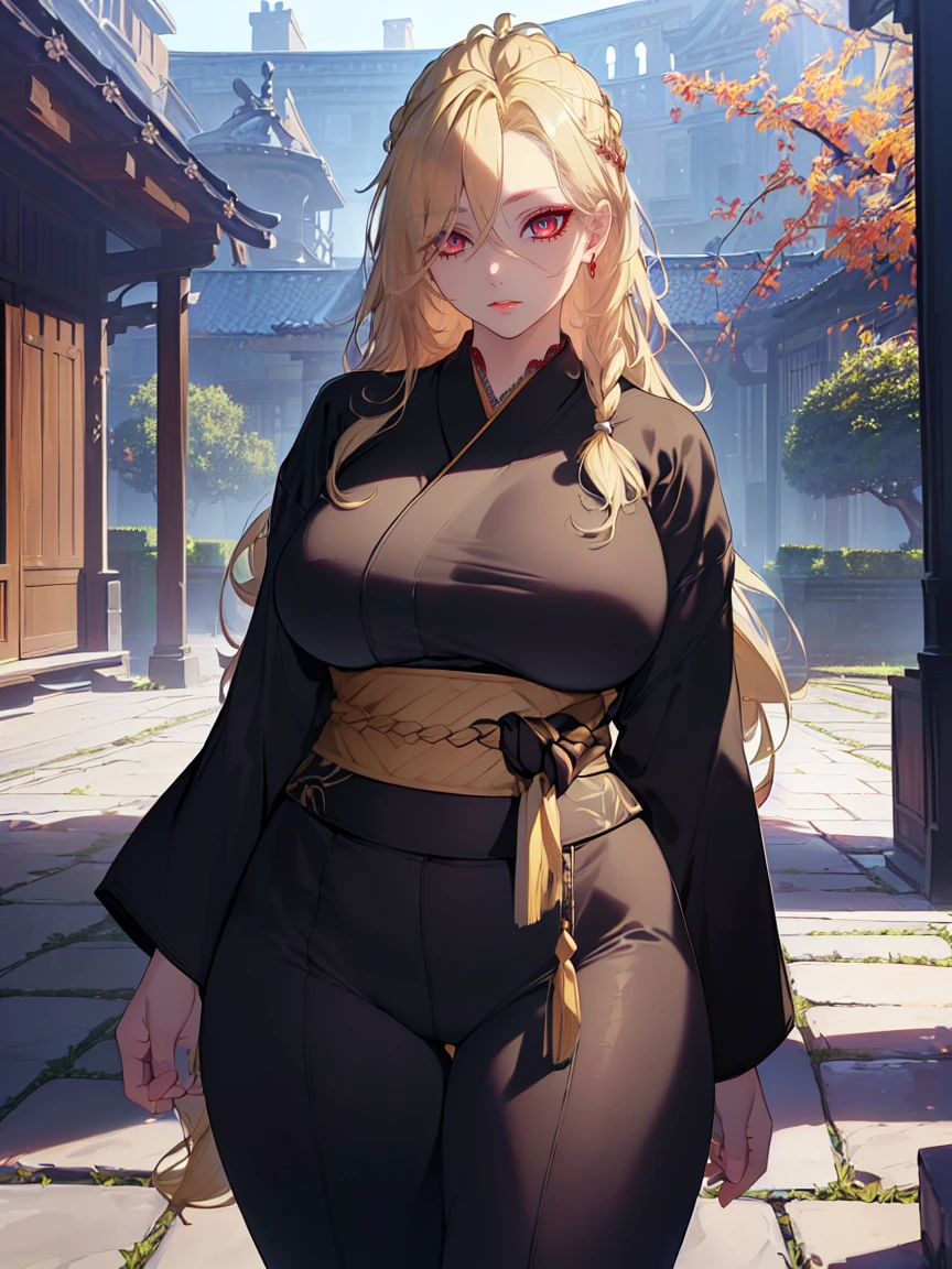 (Uhd, Masterpiece, Textured Skin, Super Detail, High Details, High Quality, Best Quality), Detailed Face, 1woman, mature pretty woman, ((wide hips, thick thighs, huge breasts)), ((Long blonde hair tied:1.5, Hair over the eye:1.5)), ((Black kimono), (Pants), (Huge body), (Cultivator), Courtyard with a stone floor