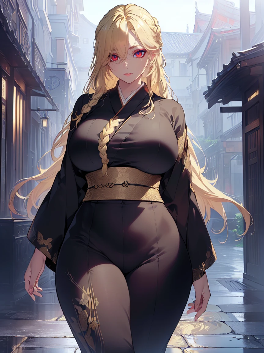 (Uhd, Masterpiece, Textured Skin, Super Detail, High Details, High Quality, Best Quality), Detailed Face, 1woman, mature pretty woman, ((wide hips, thick thighs, huge breasts)), ((Long blonde hair tied:1.5, Hair over the eye:1.5)), ((Black kimono), (Pants), (Huge body), (Cultivator), Courtyard with a stone floor