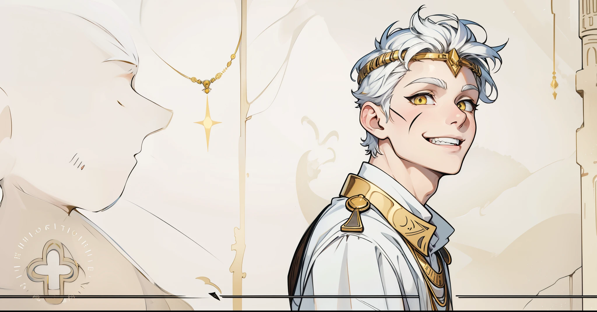 cute 18 year old boy yellow eyes white hair ancient egyptian clothing golden jewelry speaks with threat malevolent smile sarcastic mischievous smile mocking mischief