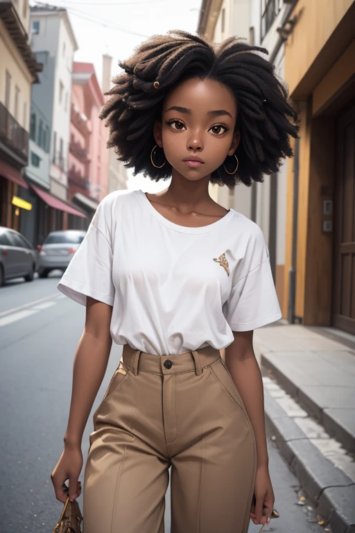 (masterpiece, best quality), deep ebony 1girl, beautiful face, short Afro braids , cute, street clothing, beautify, Lofi vibe,, cute night vibe, concentrated, hands outside of the picture, exploring a mountain, , white shirt, brown trousers, looking confident not sexy, cute look, clothing is dry and baggy, small breasts, princess vibe, breasts teen vibe