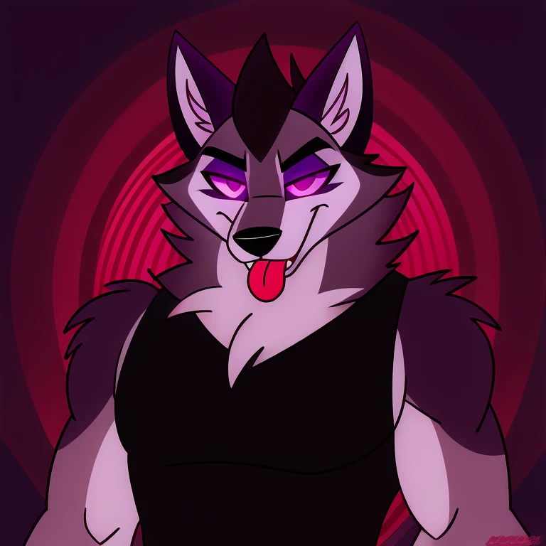 (masterpiece, best quality:1.2), Vortex hellhound, wolf, furry, helluva boss, he wears a black t-shirt with a gray vest with red spikes on the shoulders and black pants, tongue out, hypnotized with completely spyral glowing purple eyes with no irises or pupils, full body image