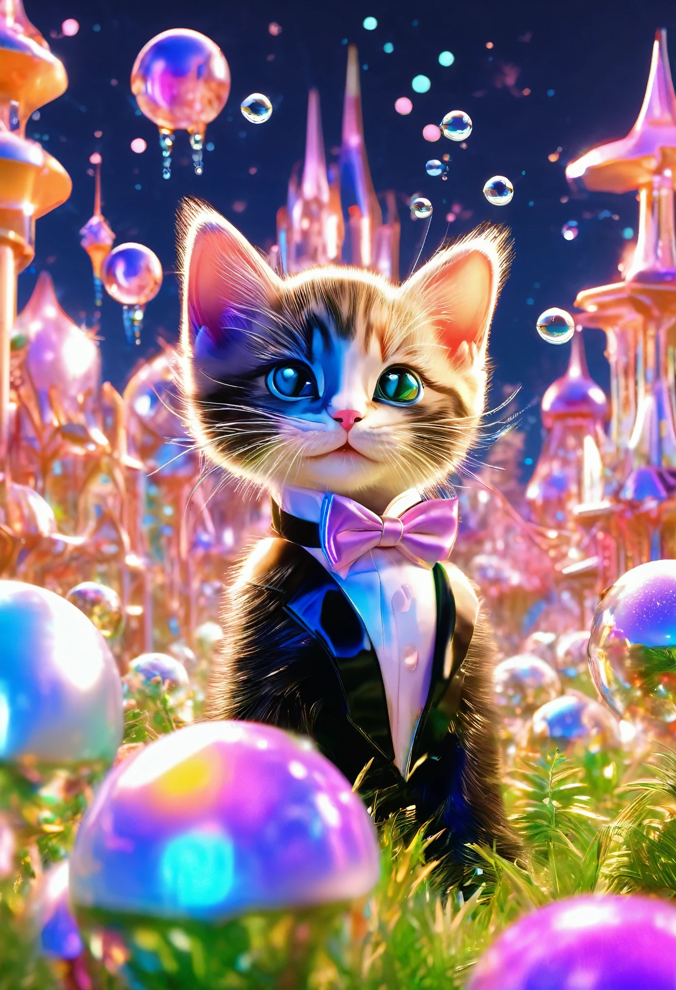A stunning (((wide angle shot))), capturing joyful, (((kittens))) dressed in a sleek (((black tuxedo))) and bow tie, jumping playfully towards a twinkling night sky filled with (((floating, glittering bubbles))), all set against a backdrop of a whimsically futuristic (((sci fi garden))) adorned with colorful, glowing cookies and milk and hovering, gleaming vehicles that silently glide through the starry sky, shining with iridescent light.