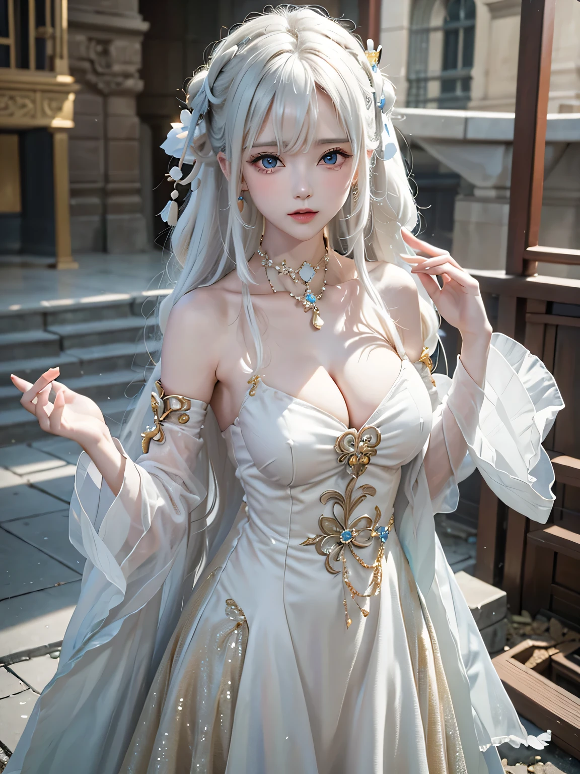 (masterpiece、highest quality、Every detail,Fantastic lighting,Shallow depth of field)(1girl,solo)(cute girl,Long dress,The dress has a loose fit,Exposing shoulders,No sleeve,Long hair with white hair、medium beautiful breasts,Beautiful cleavage,thin and white legs、White skin)(ruins、Dilapidated Building、Collapsed Wall)(Close-up)(Close-up image from the waist up、Sexy model posing)