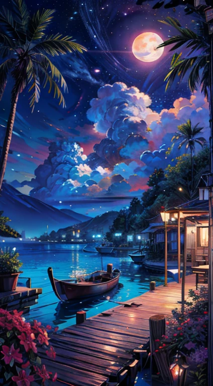 painting of a neon moonlight,Dock area, Bougainville décor , 4K HD, moonlight, cloud,Ocean, moonlight reflection,Beautiful Art UHD 4K, Beautiful artwork illustration, Beautiful digital painting, Highly detailed digital painting, Beautiful digital art, Detailed painting 4k, Highly detailed digital painting, Rich, picturesque colors, Gorgeous digital painting