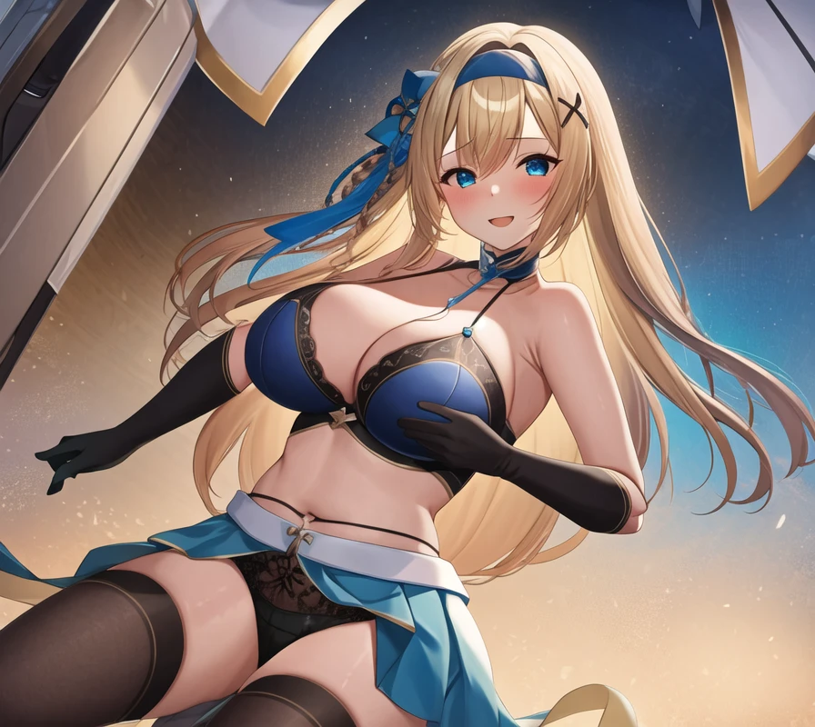 (masterpiece, best quality:1.2), 1 Girl, Solitary, blond, Blue hair band, 左边是Blue hair band, White blue breast, Black gloves, knight skirt, Solid color background