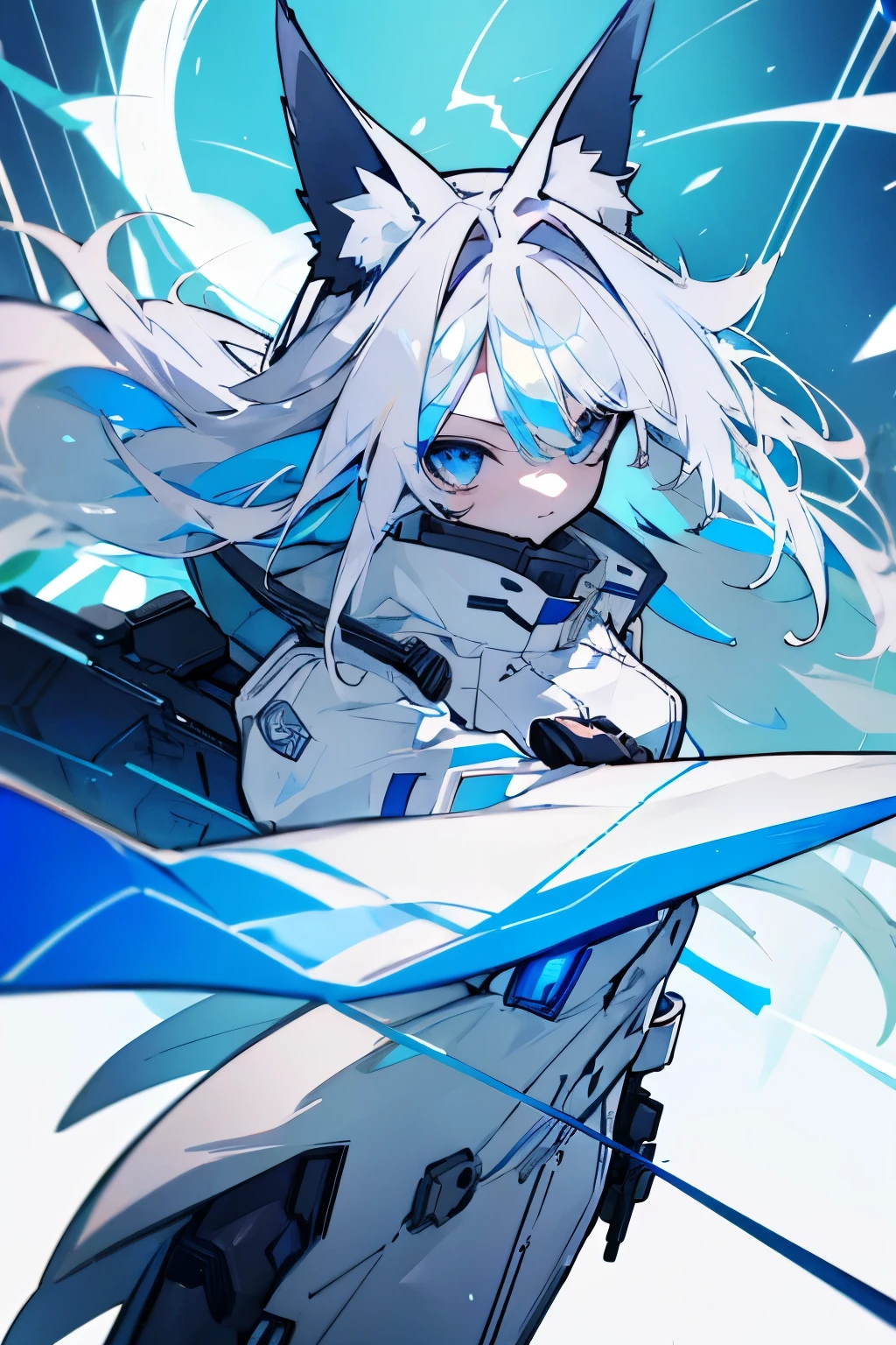 Girl, long white hair, blue eyes, fox ears growing from her head, holding a white rifle with blue lines, futuristic clothing, city, air, controlling blue lightning