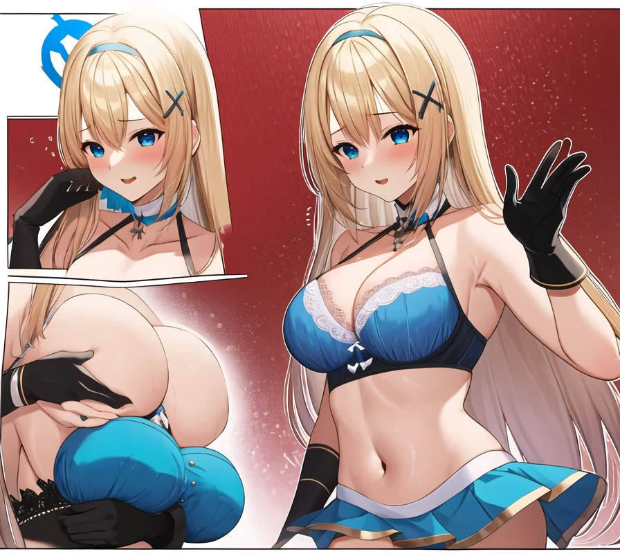 (masterpiece, best quality:1.2), 1 Girl, Solitary, blond, Blue hair band, 左边是Blue hair band, White blue bra, Black gloves, knight skirt, Solid color background