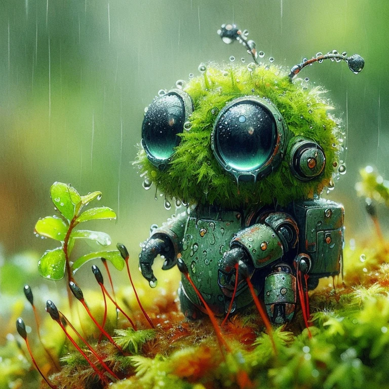 Cute moss-covered dewy robot insects, close-up in dewy tropical forest , oil, Watercolor, In the style of Leonardo da Vinci