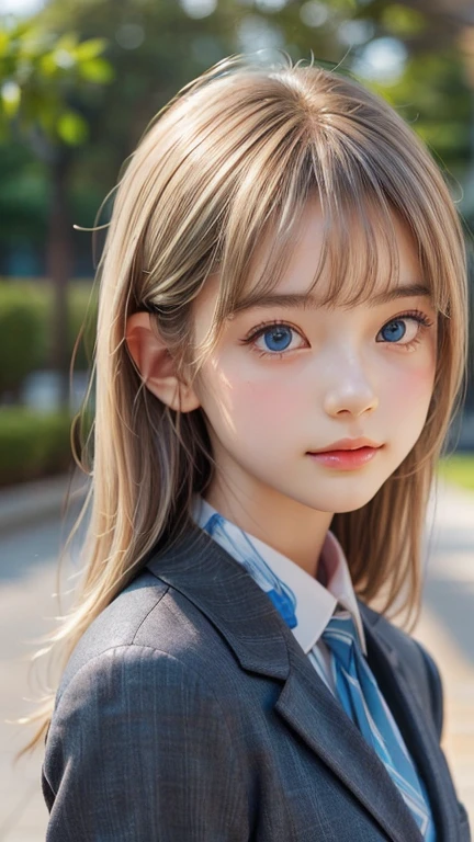 ((sfw: 1.4)), (( detailed face, cute face, detailed face, professional photography)), (Tie, Business Suit),  (from side) , ( full body  : 1.3), (( Shiny platinum blonde silk hair, beautiful shiny bangs, big clear sky blue eyes, very beautiful bright eye highlights, 1 Girl)), Ultra High Resolution, (Realistic: 1.4), RAW Photo, Best Quality, (Photorealistic Stick), Focus, Soft Light, ((15 years old)), (( (young face))), (surface), (depth of field), masterpiece, (realistic), woman, bangs, ((1 girl))