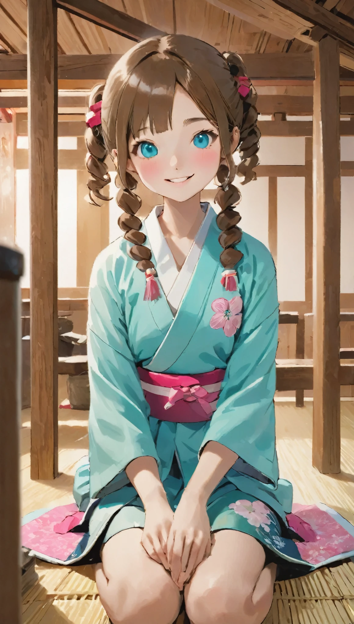 An 18-year-old girl with shoulder-length brown pigtails tied with pink ribbons, aqua eyes, and razor-cut ends, sitting in a traditional Japanese farmhouse, drinking almond milk. She is dressed in a cute, modern outfit that combines traditional and contemporary Japanese fashion, featuring a kimono-style top with modern patterns and colors, paired with a short skirt. She is barefoot, as she is sitting on tatami mats, respecting the traditional Japanese custom of removing shoes indoors. The scene has a niji style, Japanese pop style, and neon color elements with line art details. The background shows the interior of the farmhouse with wooden beams, tatami mats, and sliding shoji doors. The girl is smiling, holding a glass of almond milk with both hands, and sitting on a tatami mat. Her pigtails are clearly visible, with pink ribbons tied at the top of her head, making the twin tails stand out. The atmosphere is cozy and blends traditional Japanese elements with a modern, vibrant twist.