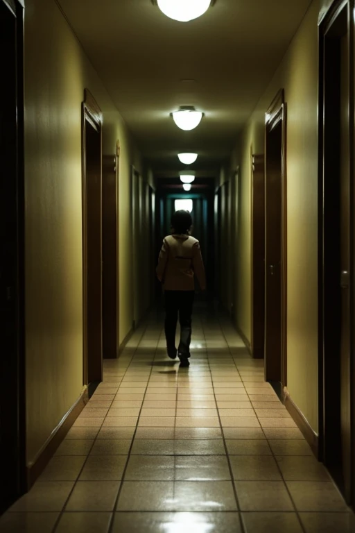 Nighttime at a care facility。In the dark hallway、The protagonist is following eerie footsteps。