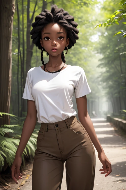 (masterpiece, best quality), deep ebony 1girl, beautiful face, short Afro braids , cute, street clothing, beautify, Lofi vibe,, cute night vibe, concentrated, hands outside of the picture, exploring the nature, forest, , white shirt, brown trousers, not sexy, cute look, clothing is dry and baggy, small breasts, princess vibe, breasts teen vibe