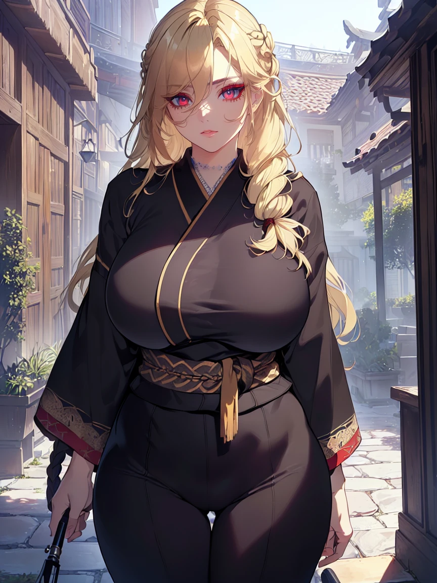 (Uhd, Masterpiece, Textured Skin, Super Detail, High Details, High Quality, Best Quality), Detailed Face, 1woman, mature pretty woman, ((wide hips, thick thighs, huge breasts)), ((Long blonde hair tied:1.5, Hair over the eye:1.5)), ((Black kimono), (Pants), (Huge body), (Cultivator), Courtyard with a stone floor