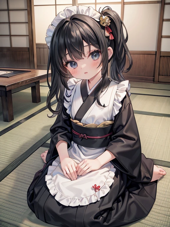 masterpiece, highest quality, Very detailed, 16k, Ultra-high resolution, Cowboy Shot, Detailed face, Perfect Fingers, -yeld gi black eye, Black Hair, Wavy Hair, Black maid outfit, Japanese house, Tatami room, Japanese cushion, Sit upright