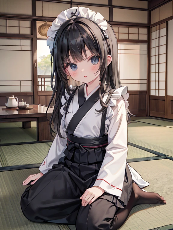 masterpiece, highest quality, Very detailed, 16k, Ultra-high resolution, Cowboy Shot, Detailed face, Perfect Fingers, ****************, black eye, Black Hair, Wavy Hair, Black maid outfit, Japanese house, Tatami room, Japanese cushion, Sit upright, interior design, japanese wabi sabi style, design table