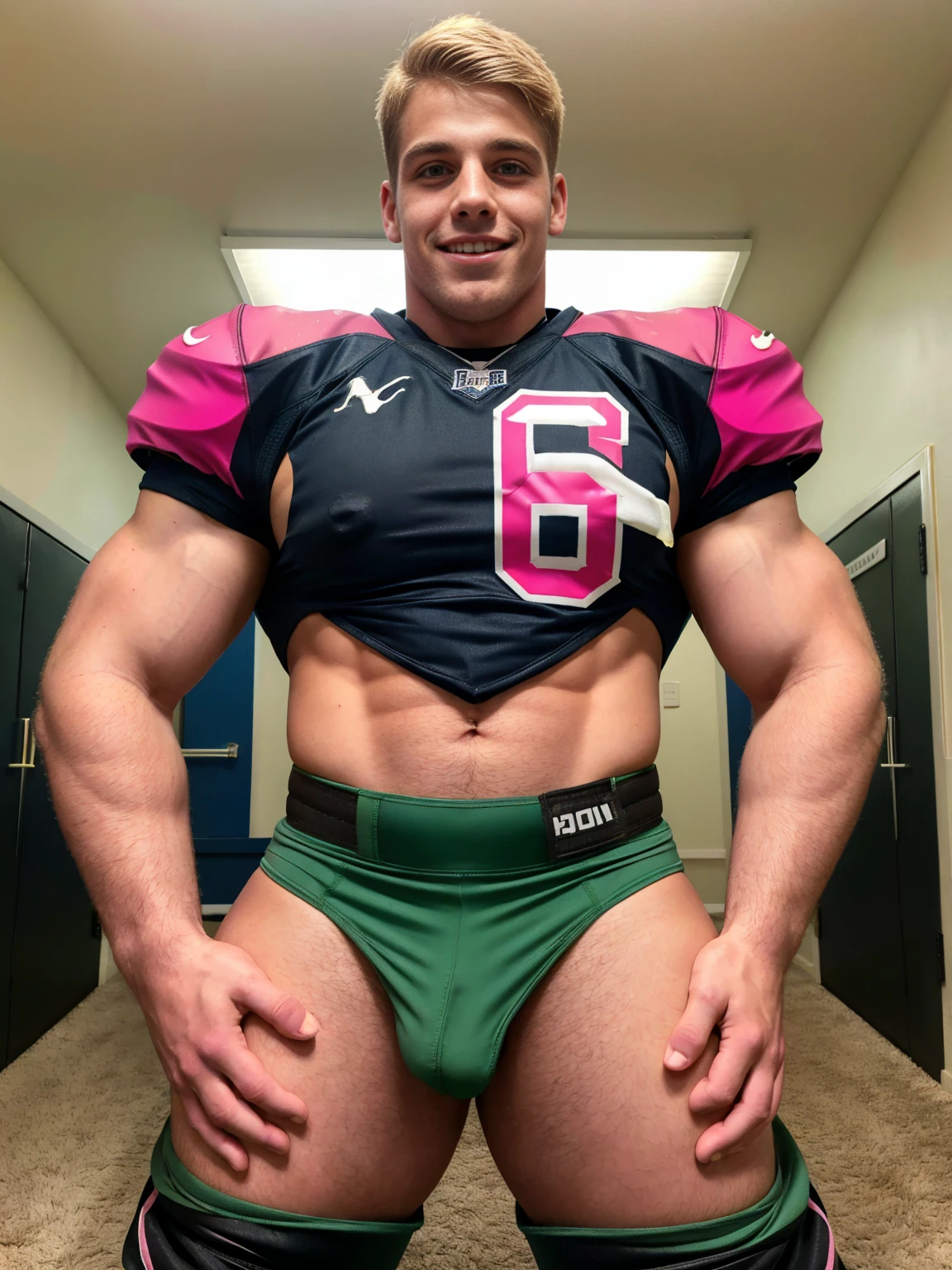 High school ager, cool boy, handsome and masculine face, short blonde hair, green eyes, full mouth and pink lips, sensual smile, broad shoulders, muscular chest, huge thighs, huge ass, huge legs. American football player wearing American football uniform,American football shoulder pads, jersey number 29, black football pants and pads.