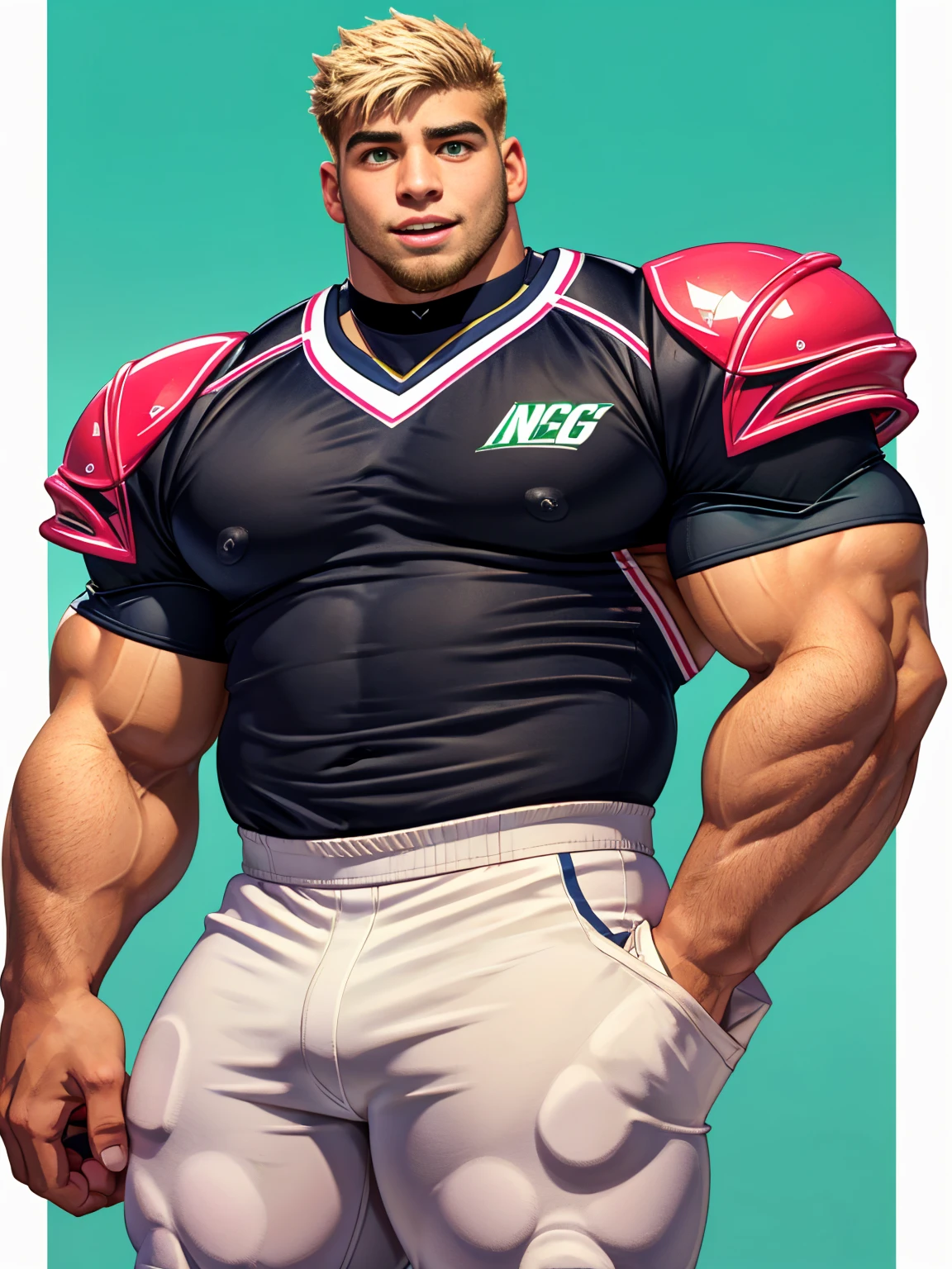 High school teenager, cool boy, handsome and masculine face, short blonde hair, green eyes, full mouth and pink lips, sensual smile, broad shoulders, muscular chest, huge thighs, huge ass, huge legs.   American football player wearing American football uniform,American football shoulder pads, jersey number 29, black football pants and pads.
