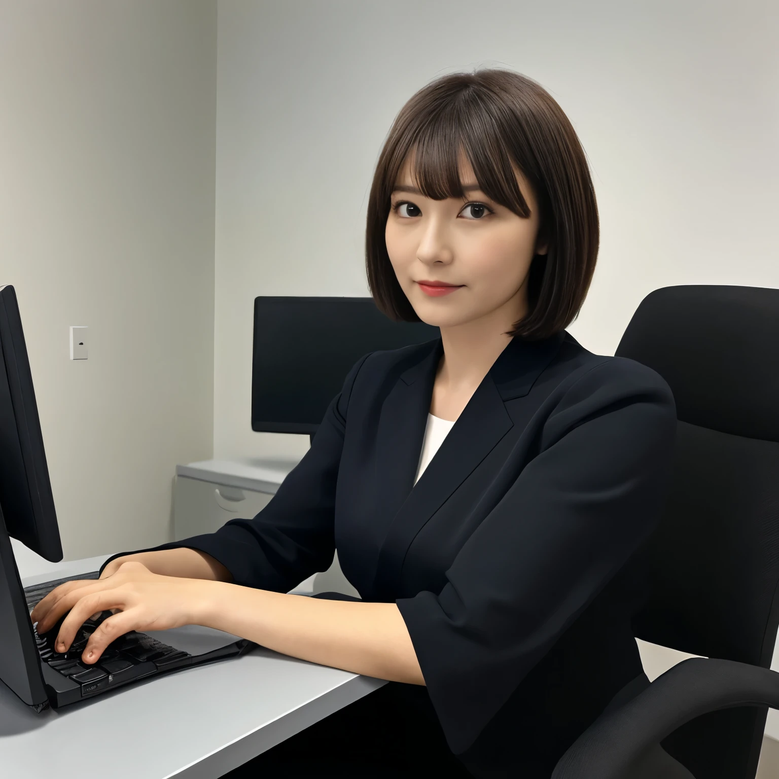 (best quality, 8K, 32k, masterpiece, Ultra HD:1.2),Photo of Pretty Japanese woman in the, 1 Girl, (Dark brown medium short hair), Double eyelids, office formal attire, Work on the desktop, typing keyboard, office, Look at the screen