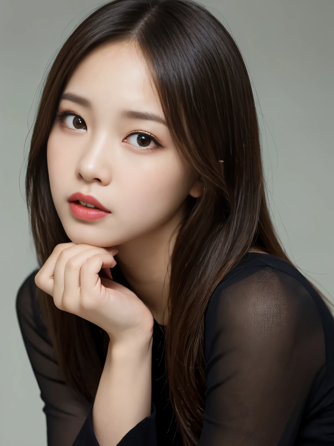 Tabletop, highest quality, figure, Super detailed, In detail, High resolution, 8k wallpaper, Perfect dynamic composition, Beautiful fine details, Black long sleeve dress,Straight hair, Natural color lip, Bold y pose、20-year-old girl、cute,Take close-up photos of your face,Sexace,Sexualement climax face、he background,Perfect and beautiful face,An expression inviting a man,Met,Anatomically correct body,Blur the background