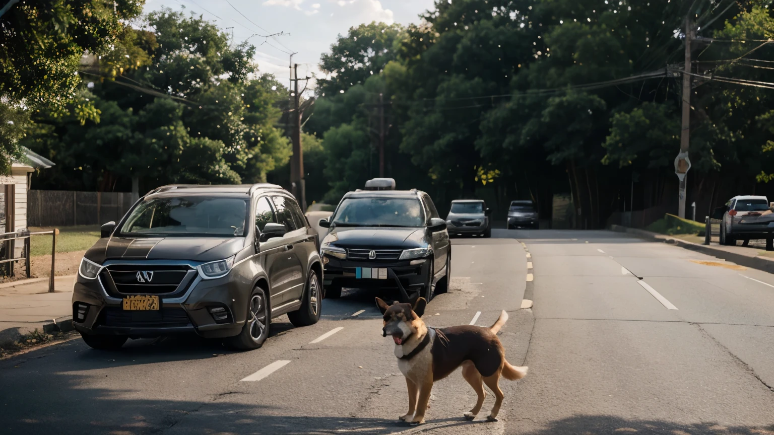 A realistic photograph capturing a mysterious dog standing still on Pineville's main road, as if guarding a secret. The scene shows several cars stopped, with frustrated drivers trying to shoo the dog away. Some drivers are offering food, but the dog remains unmoved. The lighting is natural, with the soft morning sun casting gentle shadows. The camera used is a Canon EOS R5 with a 50mm f/1.2 lens for sharp focus and depth of field. Photography, realistic style, shot with Canon EOS R5 and 50mm f/1.2 lens, --ar 16:9 --v 5