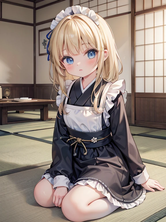 masterpiece, highest quality, Very detailed, 16k, Ultra-high resolution, Cowboy Shot, Detailed face, Perfect Fingers, -yeld gi blue eyes, Blonde, Wavy Hair, Black maid outfit, Japanese house, Tatami room, Japanese cushion, Sit upright, interior design, japanese wabi sabi style, design table