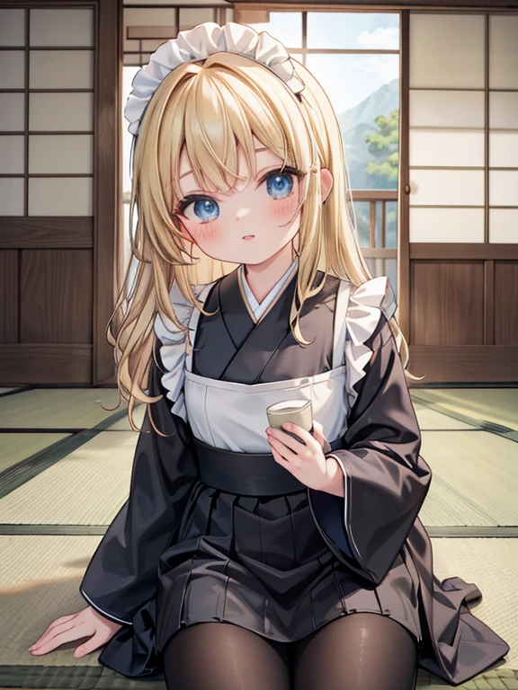 masterpiece, highest quality, Very detailed, 16k, Ultra-high resolution, Cowboy Shot, Detailed face, Perfect Fingers, 14-year-old girl, blue eyes, Blonde, Wavy Hair, Black maid outfit, Japanese house, Tatami room, Japanese cushion, Sit upright, interior design, japanese wabi sabi style, design table