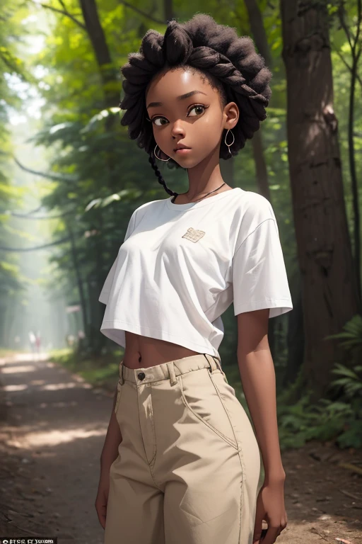 (masterpiece, best quality), deep ebony 1girl, beautiful face, short Afro braids , cute, street clothing, beautify, Lofi vibe,, cute night vibe, concentrated, hands outside of the picture, exploring the nature, forest, , white shirt, brown trousers, not sexy, cute look, clothing is dry and baggy, small breasts, princess vibe, teen vibe