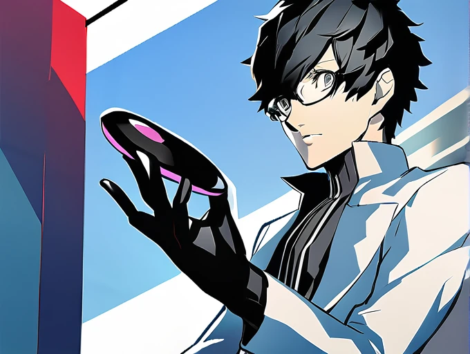 16K,UHD,Very detailed,Persona 5,Black Hair,Black-rimmed glasses,1 male,White long coat,Light blue inner,Black gloves,Taking a break
