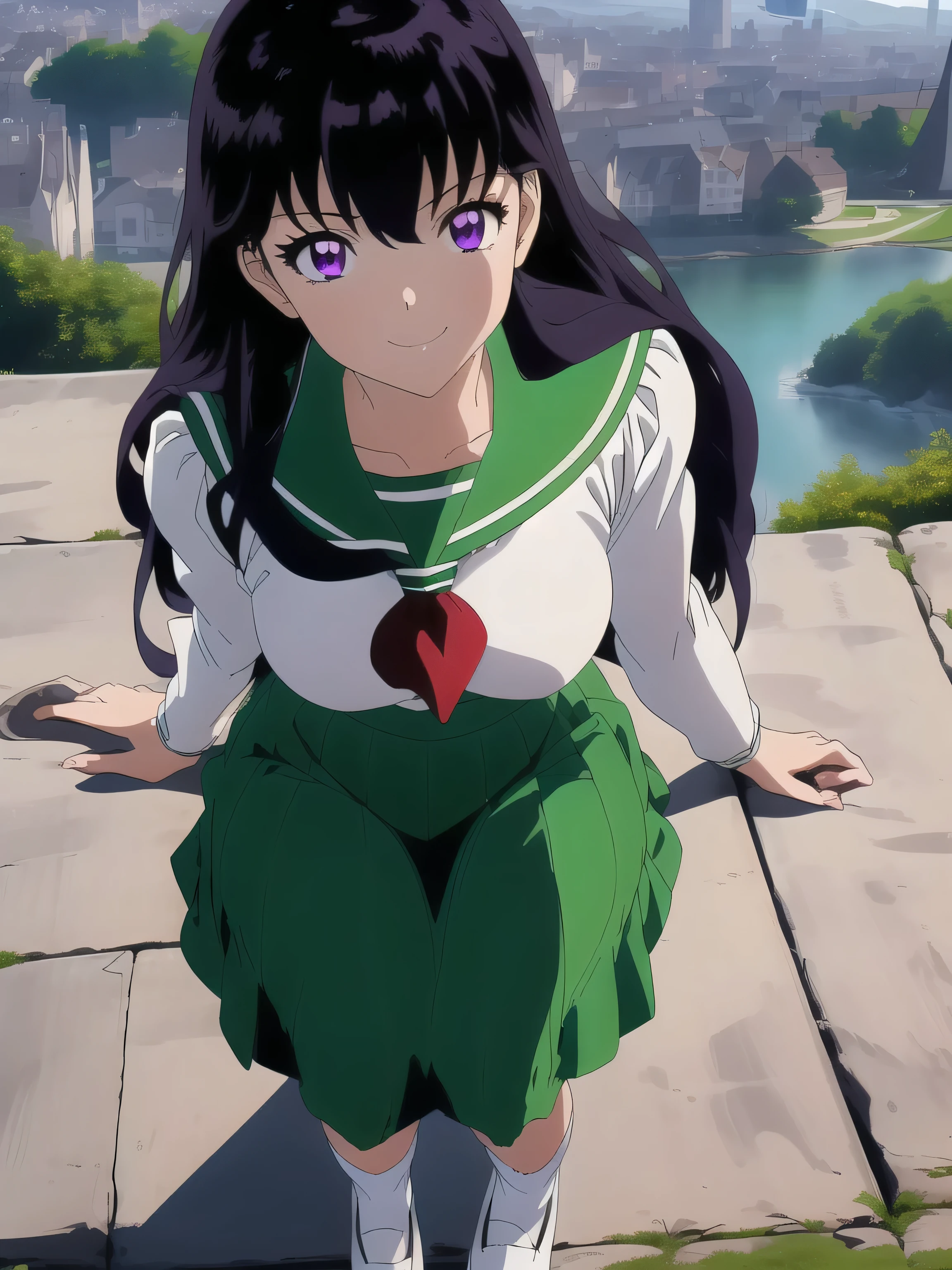 (masterpiece, best quality, highly detailed, 16K anime high resolution, anime style, clean brush strokes, highly detailed, anatomically perfect body), 1 girl, ((Luna)), (perfect face, highly detailed), smiling face, beautifully detailed eyes, purple eyes, (purple hair, long hair, black hair between eyes, bangs), tabletop, (big breasts: 0.4), (sailor suit, green, long sleeves), high body, smooth bodyline, wide waist: 0.1, big butt: 0.2, (long skirt, green), soft thighs, (white socks, dark brown student leather shoes), (sexy pose), looking at the viewer, (city background), (front view, shot from above),