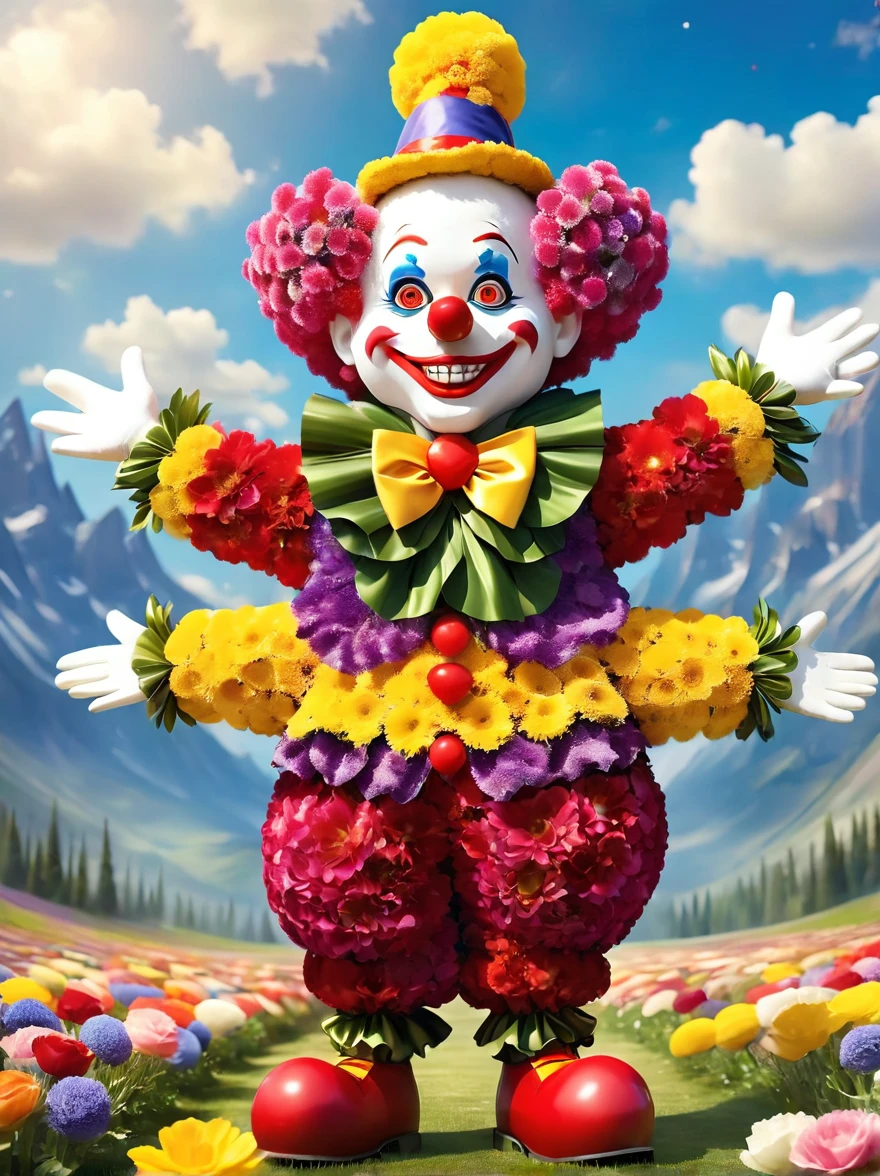 pam-flwr Cute clown made of flowers, A clown-like character with a mischievous grin and wide, shining eyes. His body structure is slender, and he sports a chaotic, vibrant outfit that includes a flamboyant hat with a heart symbol, baggy pants, and oversize shoes. The character is expressing vivid excitement and has his arms spread wide as though ready to perform a magic trick, circling in an otherworldly landscape.