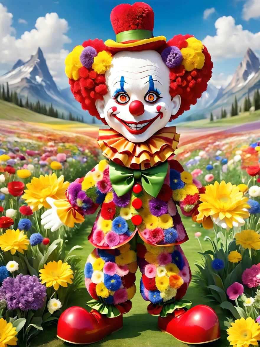 pam-flwr Cute clown made of flowers, A clown-like character with a mischievous grin and wide, shining eyes. His body structure is slender, and he sports a chaotic, vibrant outfit that includes a flamboyant hat with a heart symbol, baggy pants, and oversize shoes. The character is expressing vivid excitement and has his arms spread wide as though ready to perform a magic trick, circling in an otherworldly landscape.