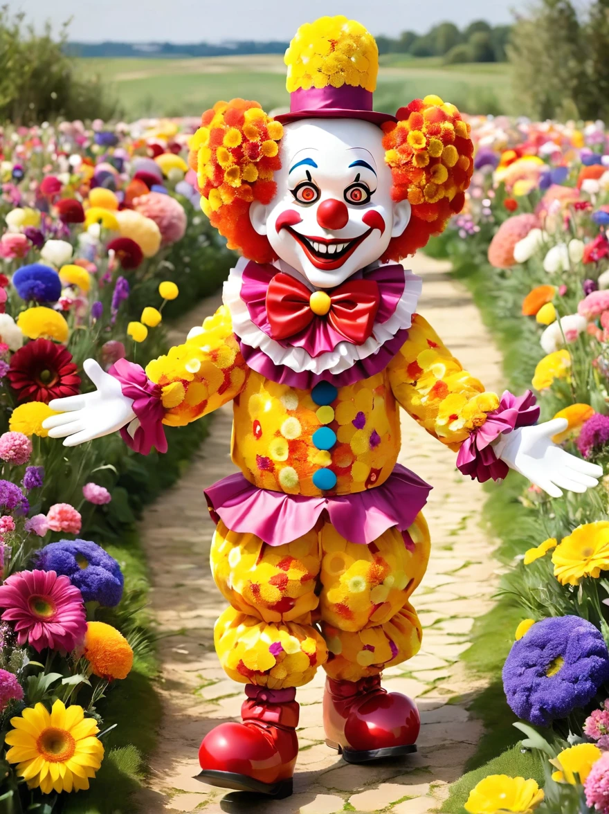 pam-flwr Cute clown made of flowers, A clown-like character with a mischievous grin and wide, shining eyes. His body structure is slender, and he sports a chaotic, vibrant outfit that includes a flamboyant hat with a heart symbol, baggy pants, and oversize shoes. The character is expressing vivid excitement and has his arms spread wide as though ready to perform a magic trick, circling in an otherworldly landscape.