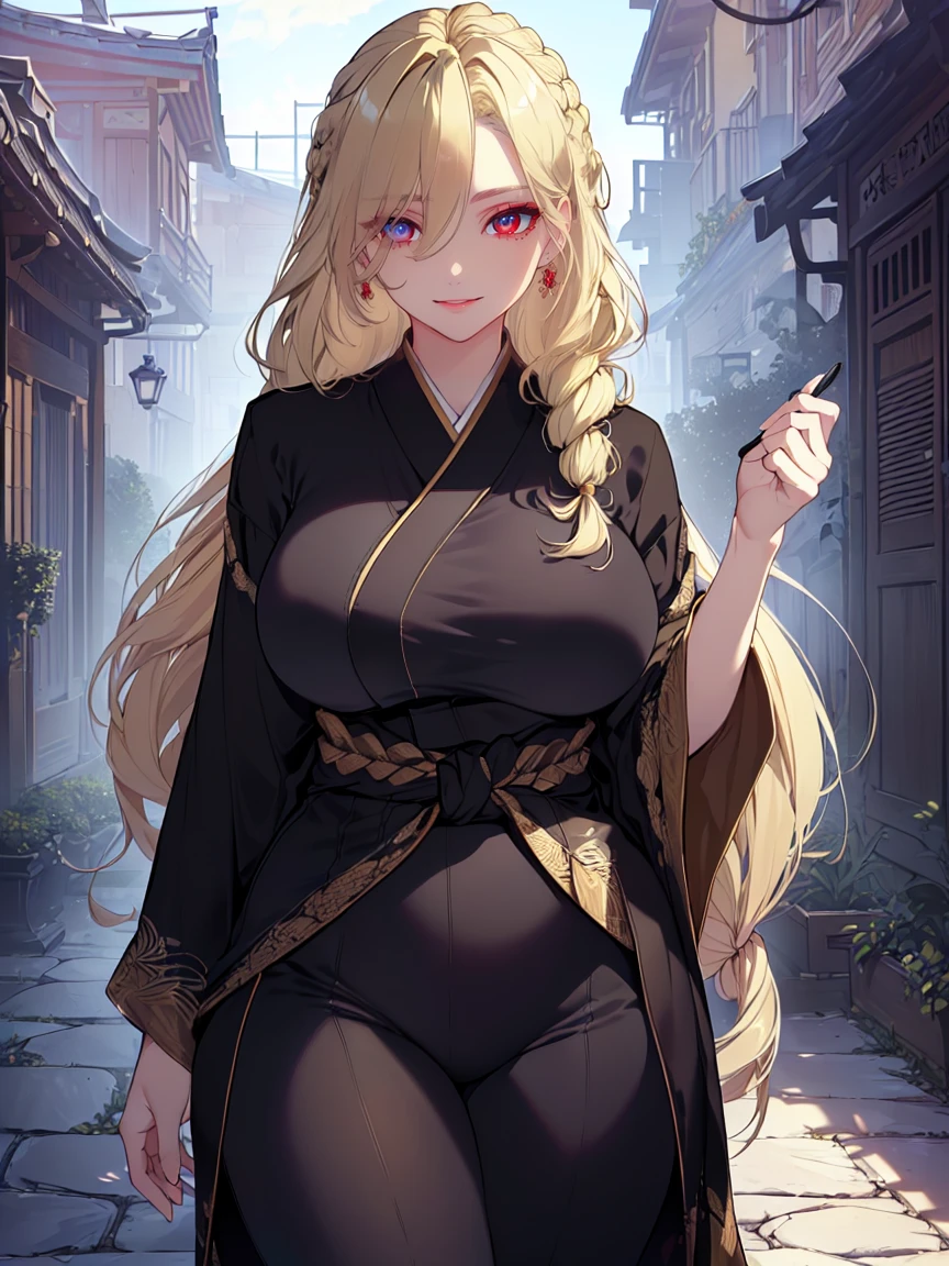 (Uhd, Masterpiece, Textured Skin, Super Detail, High Details, High Quality, Best Quality), Detailed Face, 1woman, mature pretty woman, ((wide hips, thick thighs, huge breasts)), ((Long blonde hair tied:1.5, Hair over the eye:1.5)), ((Black kimono), (Pants), (Huge body), (Cultivator), Courtyard with a stone floor