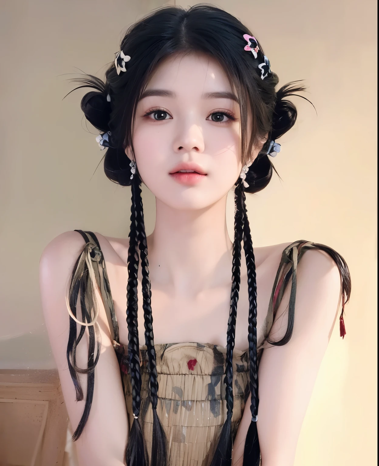 ((light green)), ((Depth of Field)), 20 years old, Image of a beautiful Chinese girl, best quality, Girl with pigtails,Black Hair,sweet beautiful girl,Delicate facial detail texture,Smooth face shape, Smooth and natural,Very detailed face,4K,1 Girl,Chinese ,Princess
