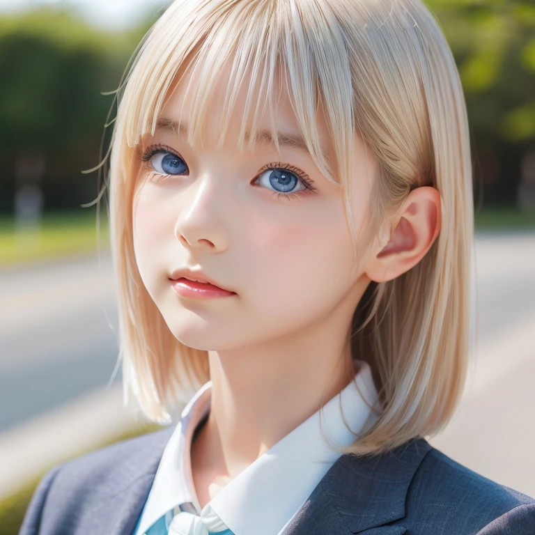((sfw: 1.4)), (( detailed face, cute face, detailed face, professional photography)), (Tie, Business Suit), (from side) , ( full body : 1.3), (( Shiny platinum blonde silk hair, beautiful shiny bangs, big clear sky blue eyes, very beautiful bright eye highlights, 1 Girl)), Ultra High Resolution, (Realistic: 1.4), RAW Photo, Best Quality, (Photorealistic Stick), Focus, Soft Light, ((15 years old)), (( (young face))), (surface), (depth of field), masterpiece, (realistic), woman, bangs, ((1 girl))