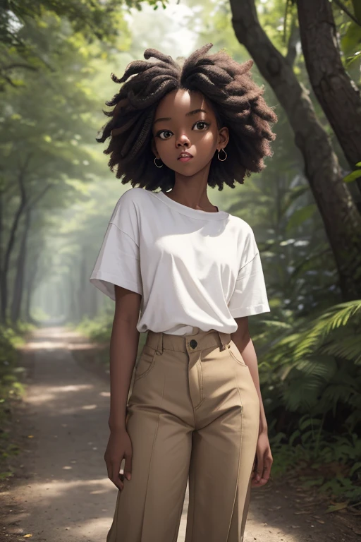(masterpiece, best quality), deep ebony 1girl, beautiful face, short Afro braids , cute, street clothing, beautify, Lofi vibe,, cute night vibe, concentrated, hands outside of the picture, exploring the nature, forest, , white shirt, brown trousers, not sexy, cute look, clothing is dry and baggy, small breasts, princess vibe, teen vibe