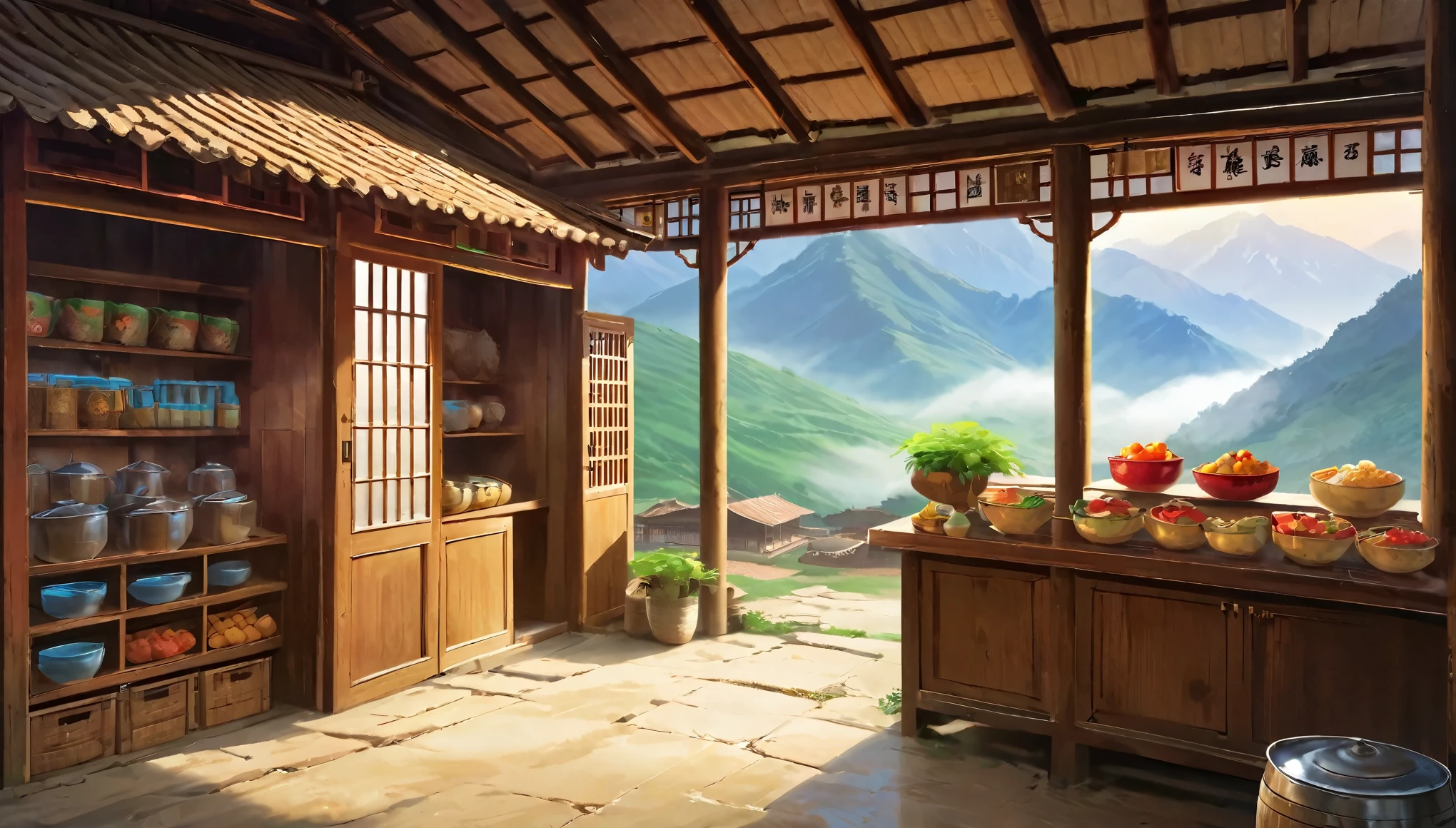 Small courtyard in rural China,There is a dilapidated wooden house inside,The hut is a canteen,There are three words on the door &References;commissary&References; It says.,There are wooden shelves in the house,There are all kinds of snacks in it.,The background is the mountains of Yunnan,Foggy,Aerial Photography,illustration,Fresh,peaceful,