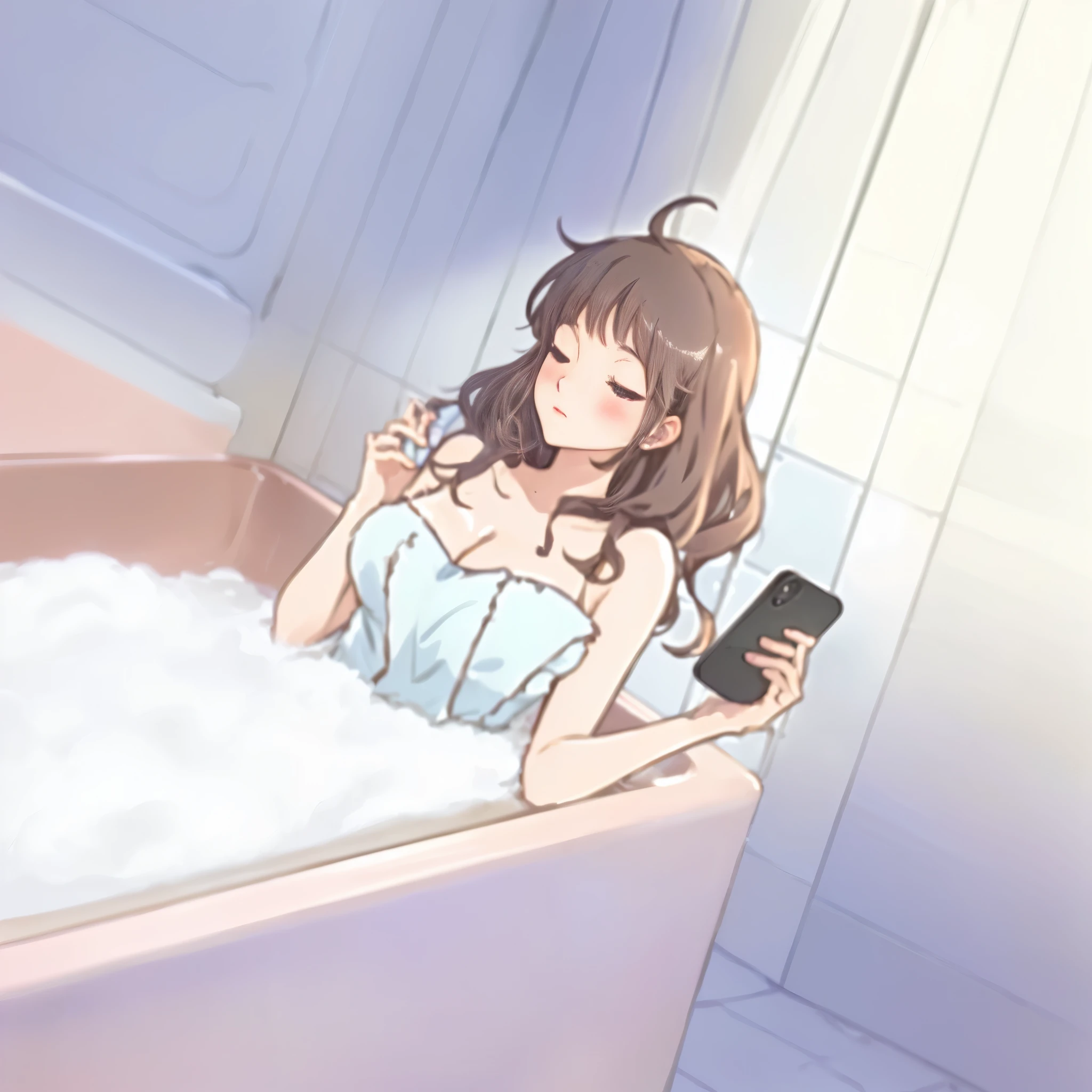anime girl in tub with cell phone in hand, bubble bath, tub, Check her phone, stand up, Lo-Fi Girl, In the bathroom, Soft anime illustration, Just relax, morning time, bubble landscape, Late morning, Anime cute art style, Digital Anime Illustration, Anime Lovers, Lofi art style, rest, Check her phone, In the bathroom