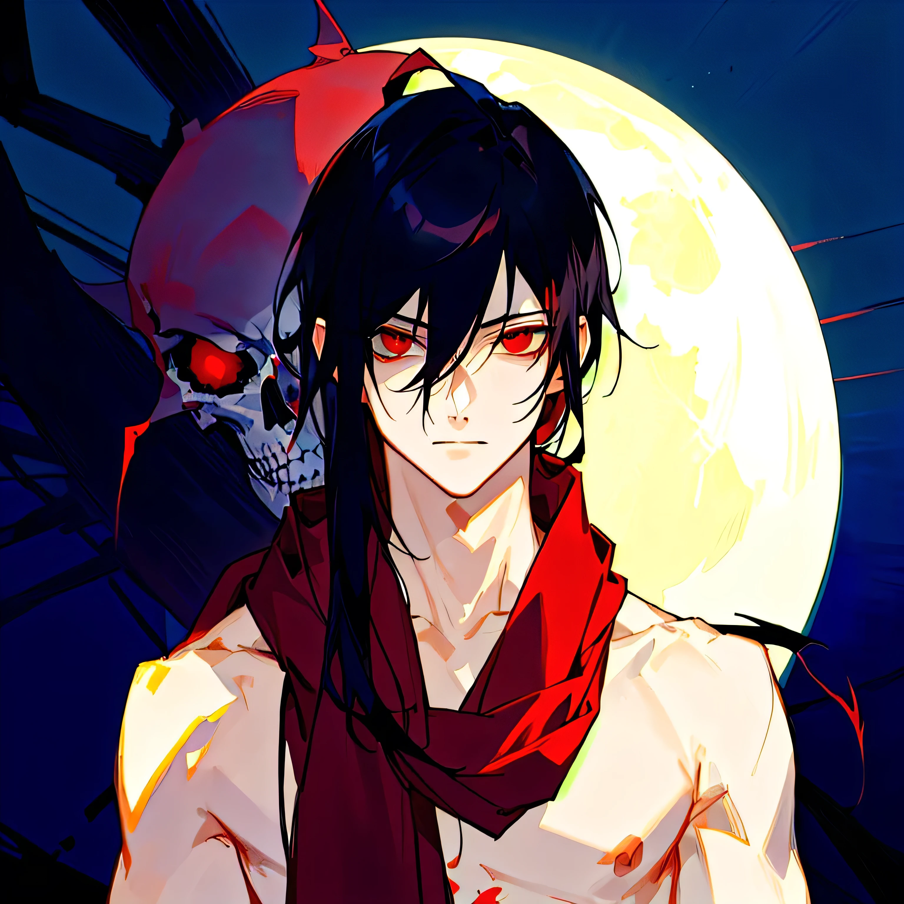 anime boy with black hair and red scarf standing in front of a full moon with no shirt and body with scars, Gapmoe Yandere grimdark, Jeff El asesino, vampiro masculino, sus ojos son rojos y brillantes, hermoso dios masculino de la muerte, handsome japanese demon boy, con ojos rojos brillantes, Gapmoe Yandere
